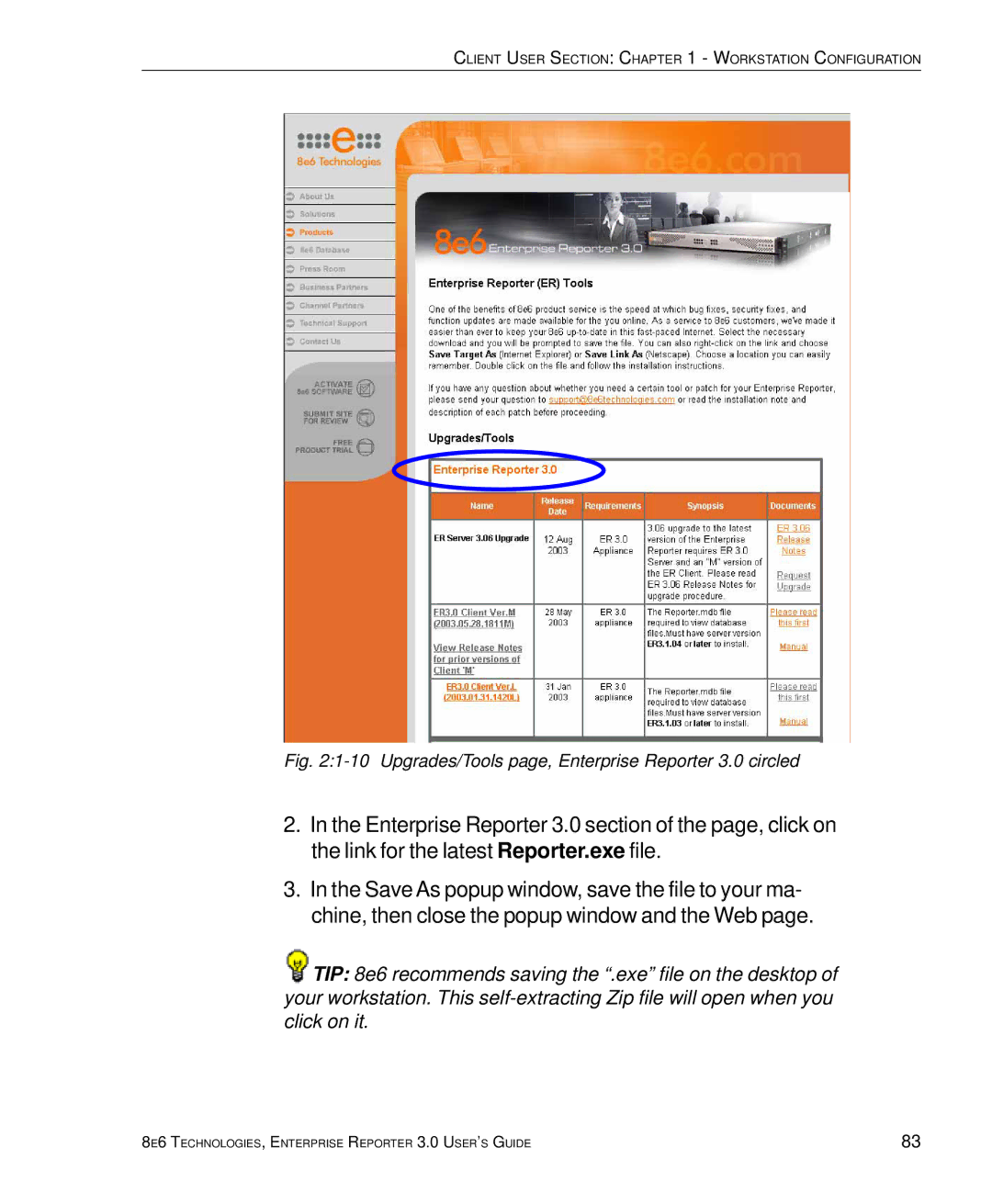 8e6 Technologies manual Upgrades/Tools page, Enterprise Reporter 3.0 circled 