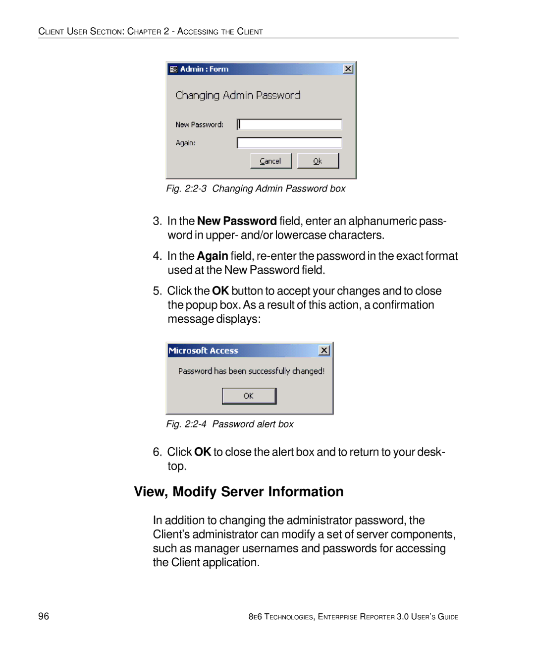 8e6 Technologies 3 manual View, Modify Server Information, Changing Admin Password box 