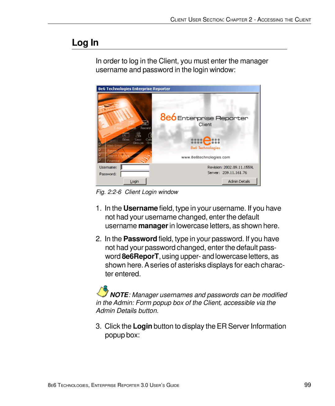 8e6 Technologies 3 manual Client Login window 