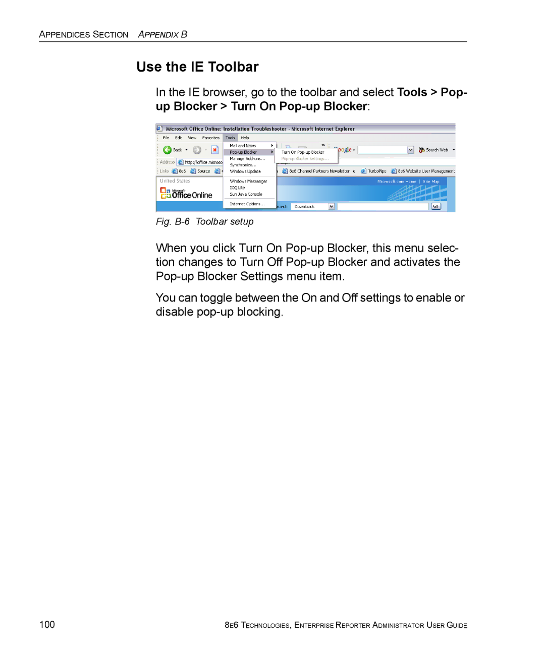 8e6 Technologies ER 4.0 manual Use the IE Toolbar, 100 