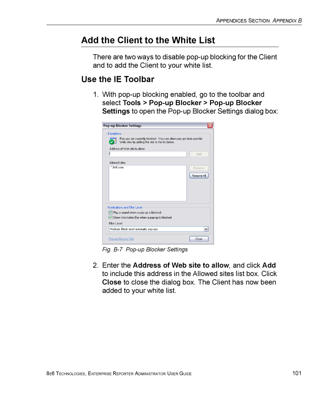 8e6 Technologies ER 4.0 manual Fig. B-7 Pop-up Blocker Settings 