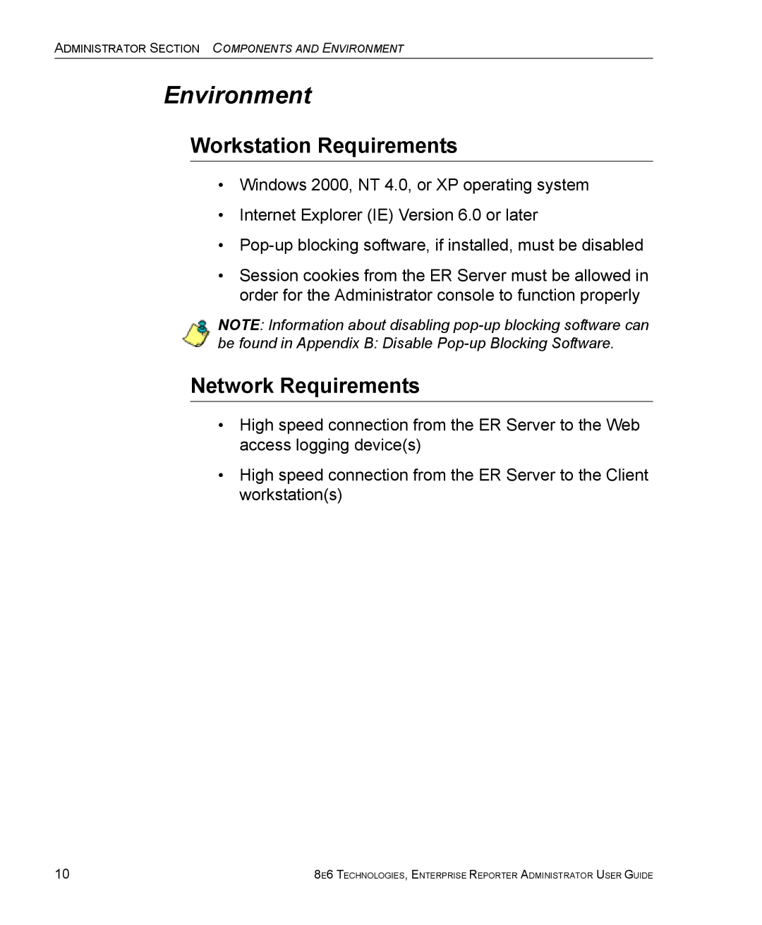 8e6 Technologies ER 4.0 manual Environment, Workstation Requirements, Network Requirements 