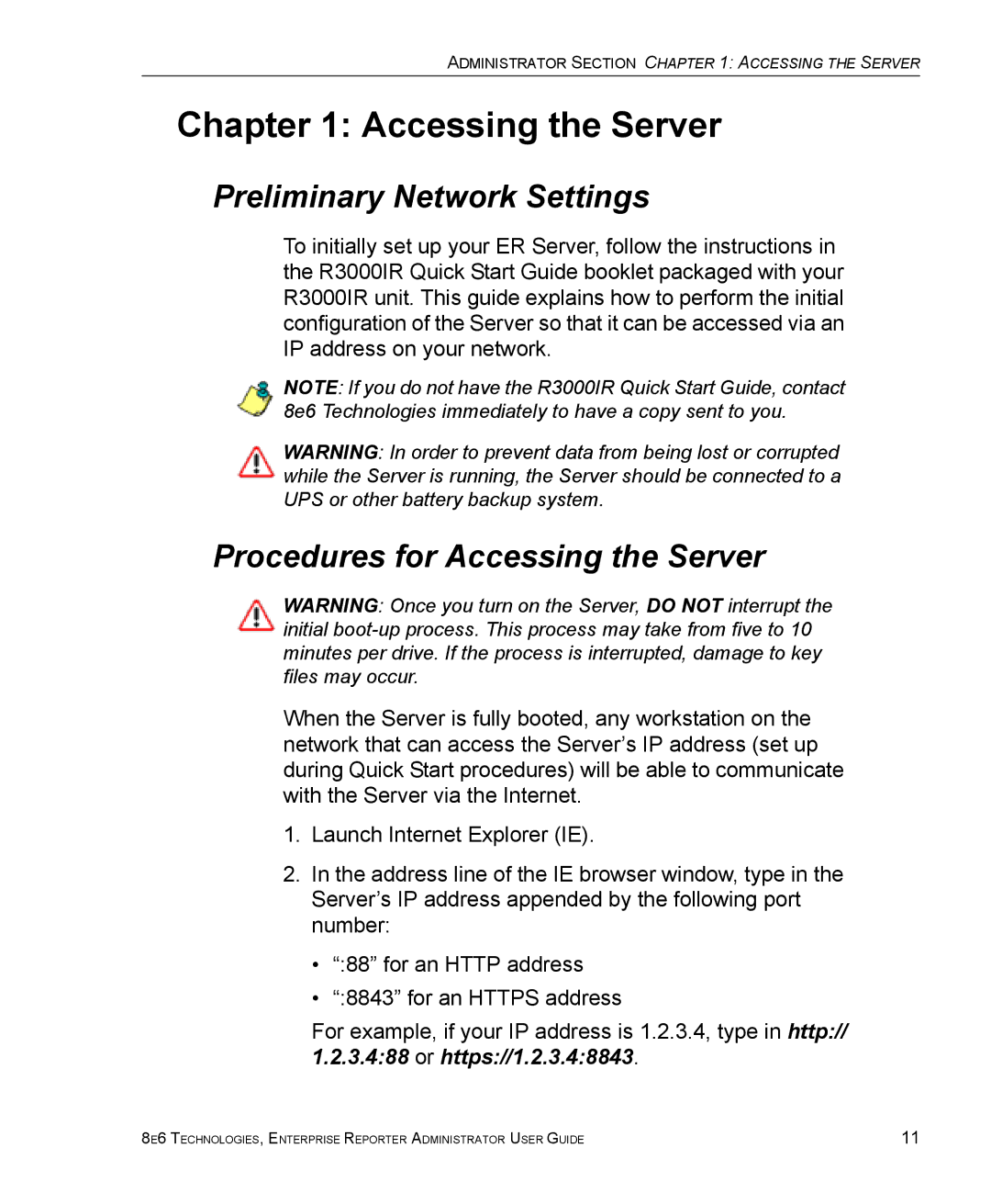 8e6 Technologies ER 4.0 manual Preliminary Network Settings, Procedures for Accessing the Server 