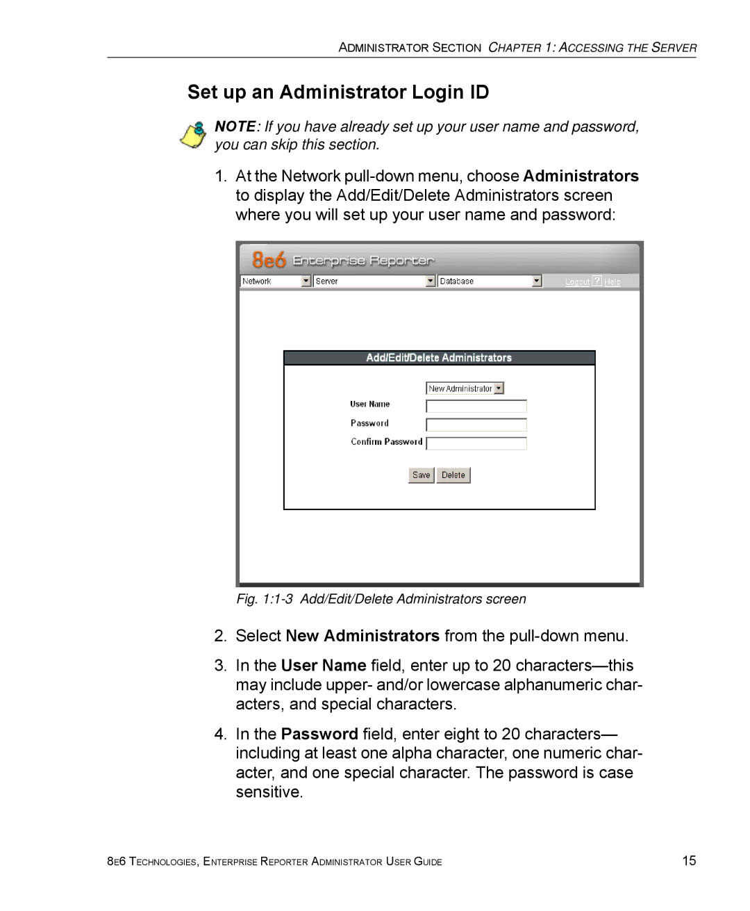 8e6 Technologies ER 4.0 manual Set up an Administrator Login ID, Add/Edit/Delete Administrators screen 