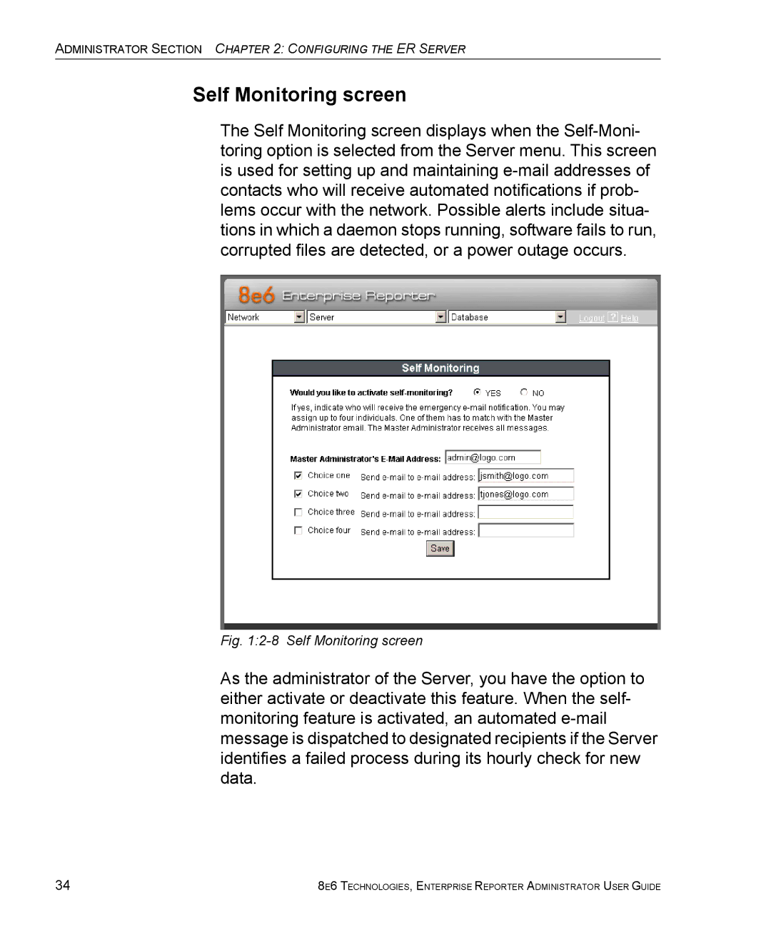 8e6 Technologies ER 4.0 manual Self Monitoring screen 