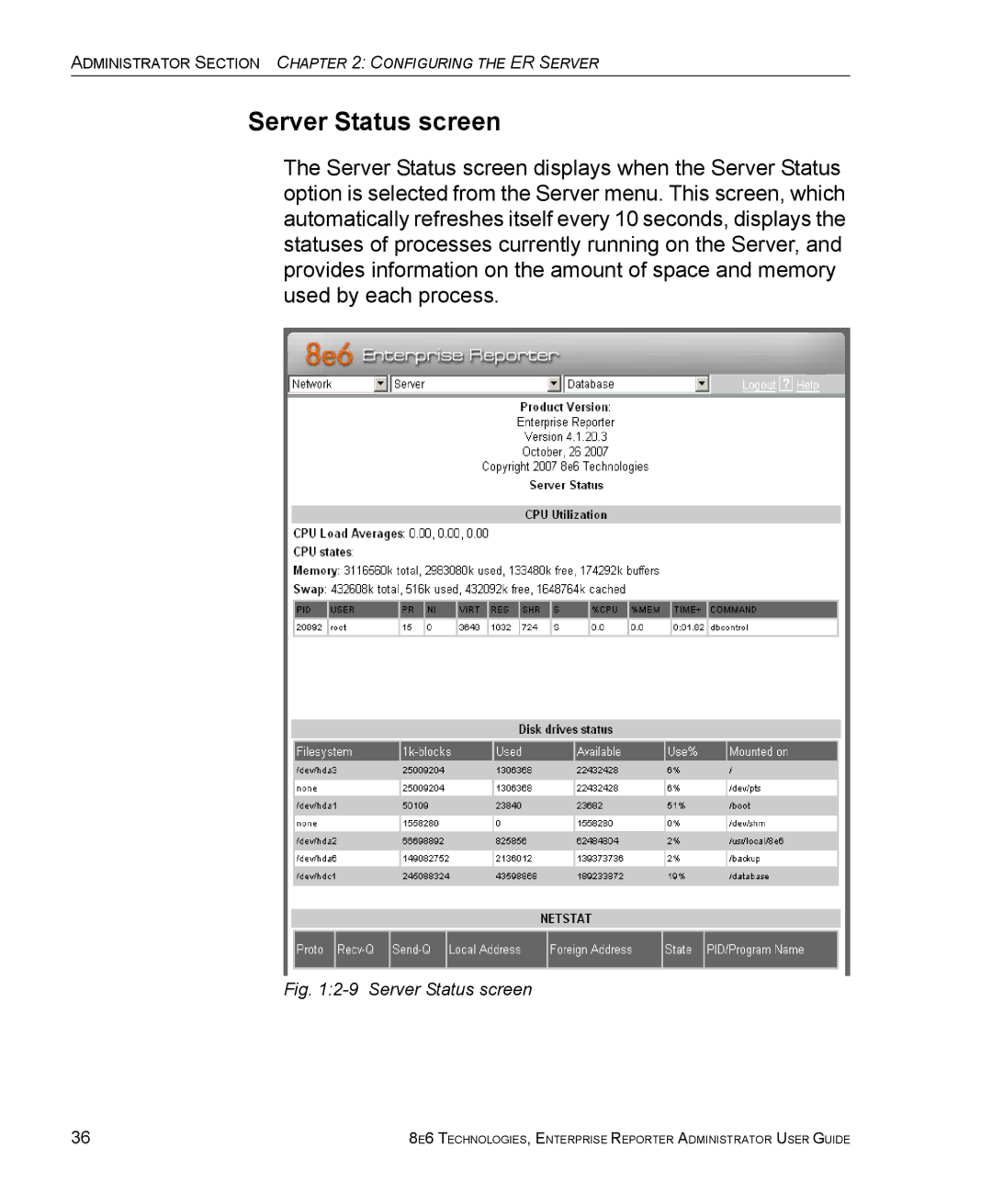 8e6 Technologies ER 4.0 manual Server Status screen 