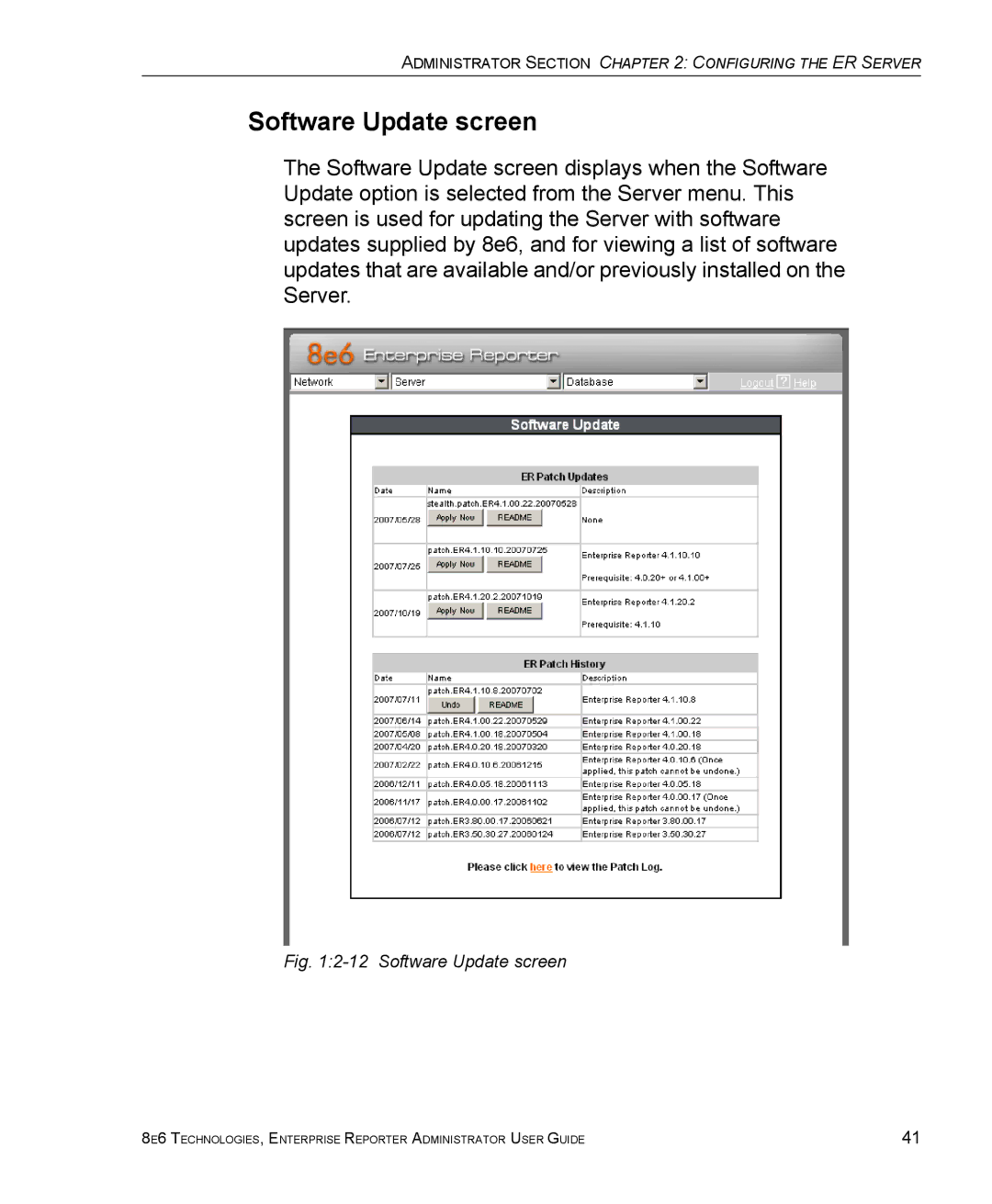 8e6 Technologies ER 4.0 manual Software Update screen 