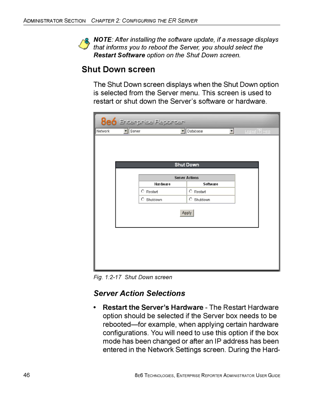 8e6 Technologies ER 4.0 manual Shut Down screen, Server Action Selections 