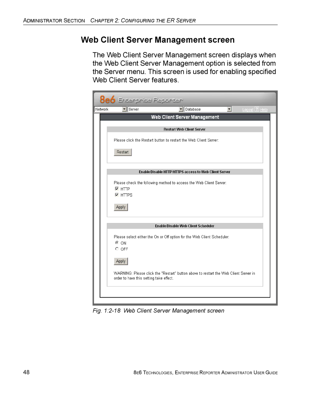 8e6 Technologies ER 4.0 manual Web Client Server Management screen 