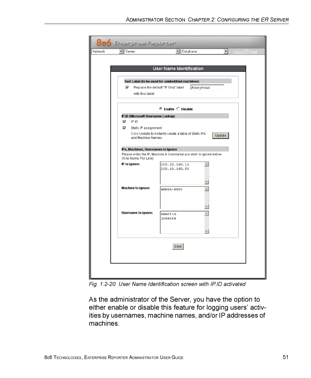 8e6 Technologies ER 4.0 manual User Name Identification screen with IP.ID activated 