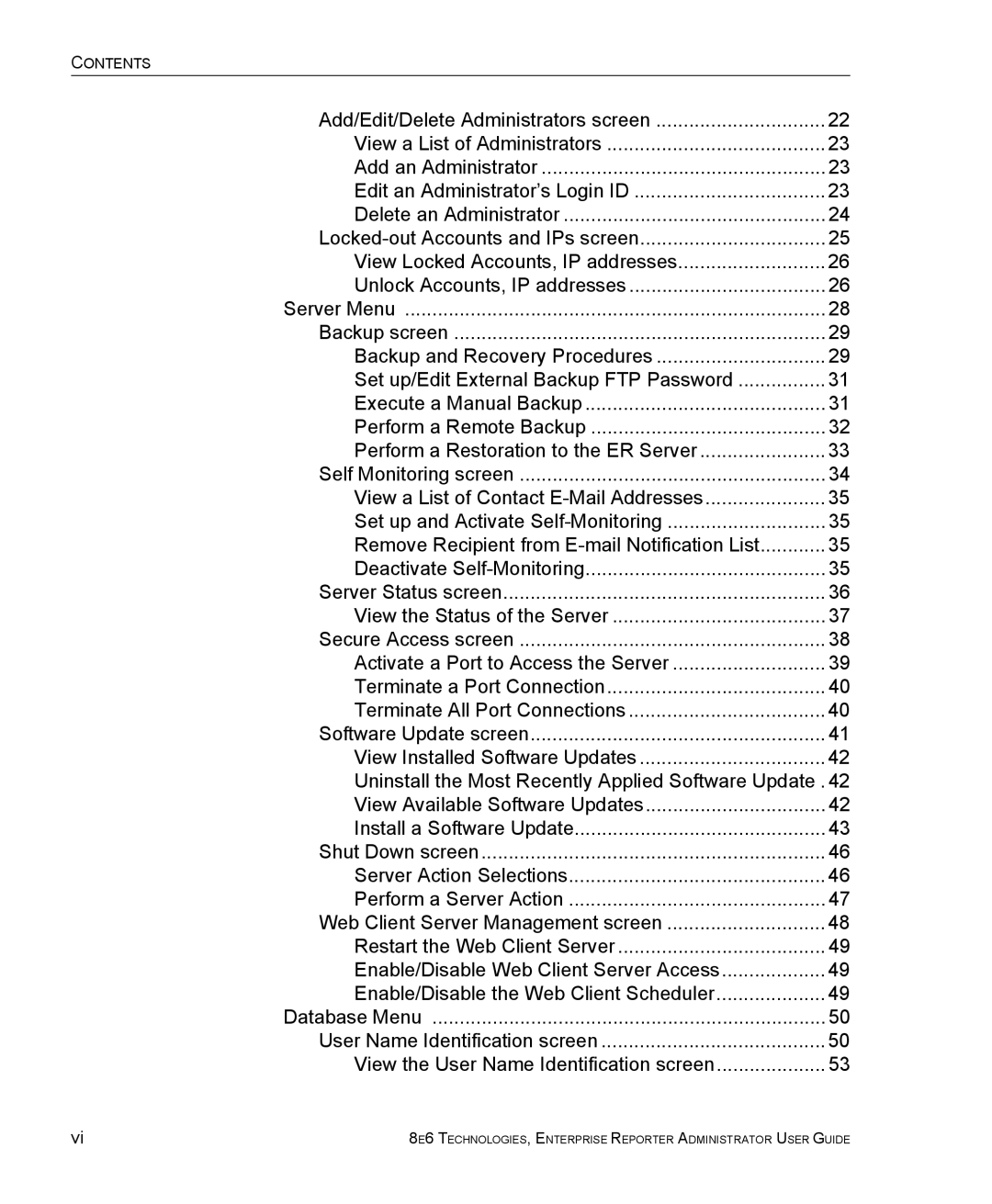 8e6 Technologies ER 4.0 manual Server Menu 