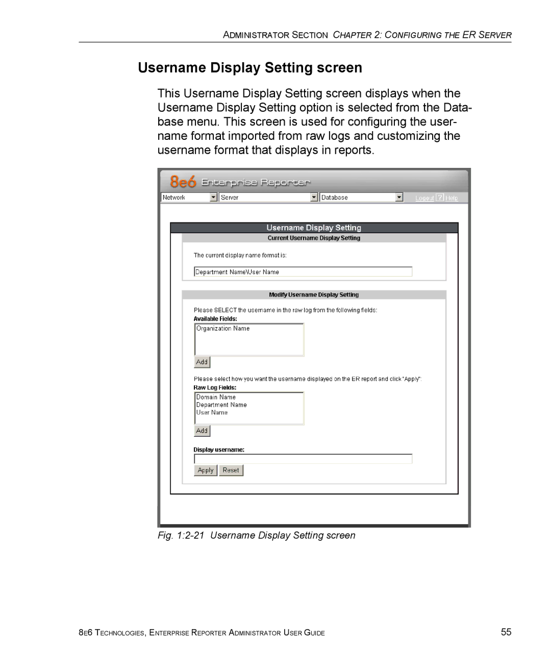 8e6 Technologies ER 4.0 manual Username Display Setting screen 