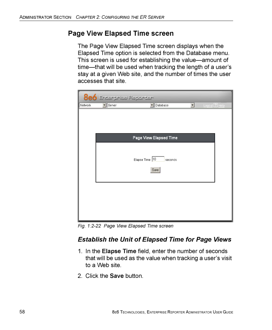 8e6 Technologies ER 4.0 manual View Elapsed Time screen, Establish the Unit of Elapsed Time for Page Views 