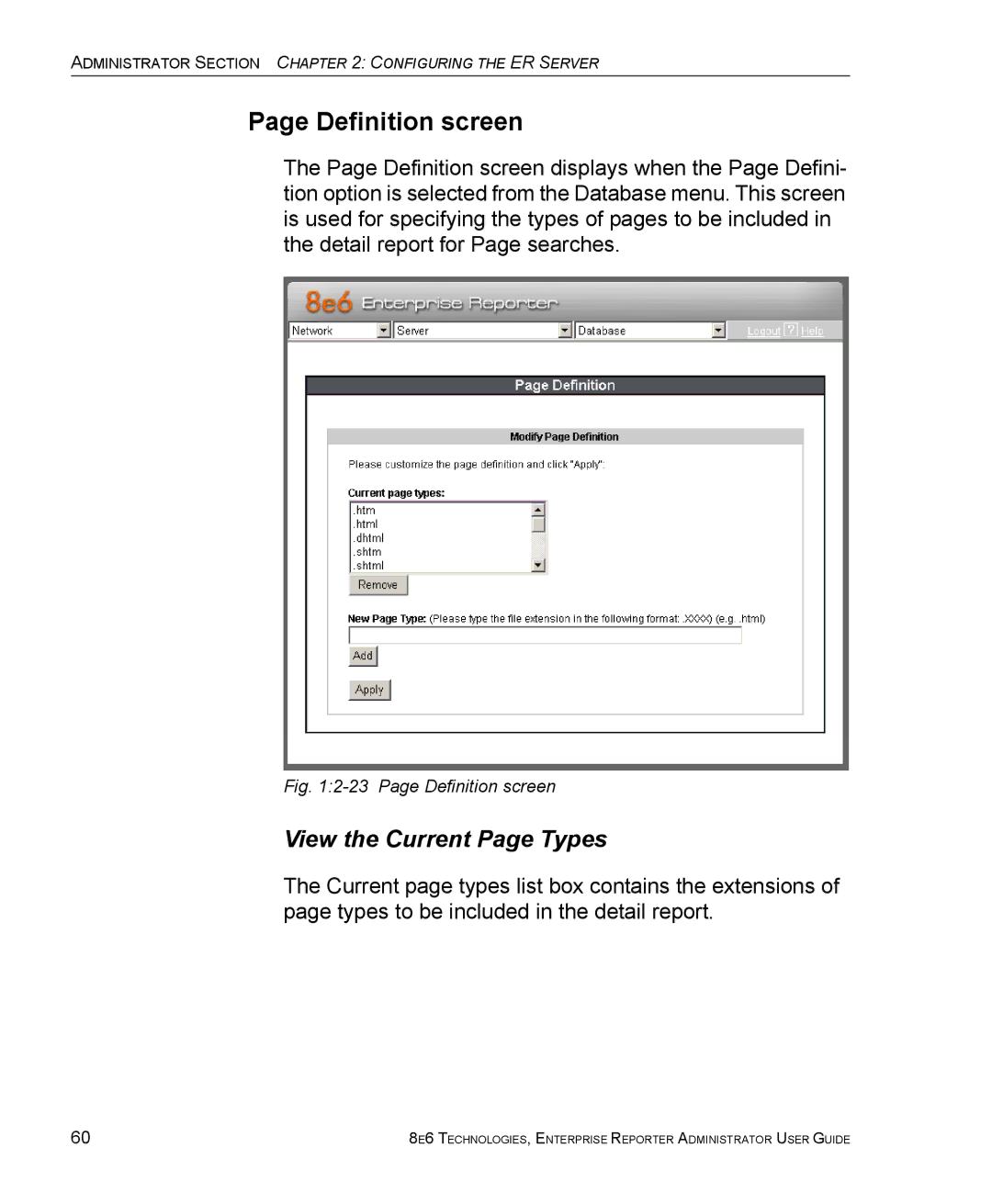 8e6 Technologies ER 4.0 manual Definition screen, View the Current Page Types 