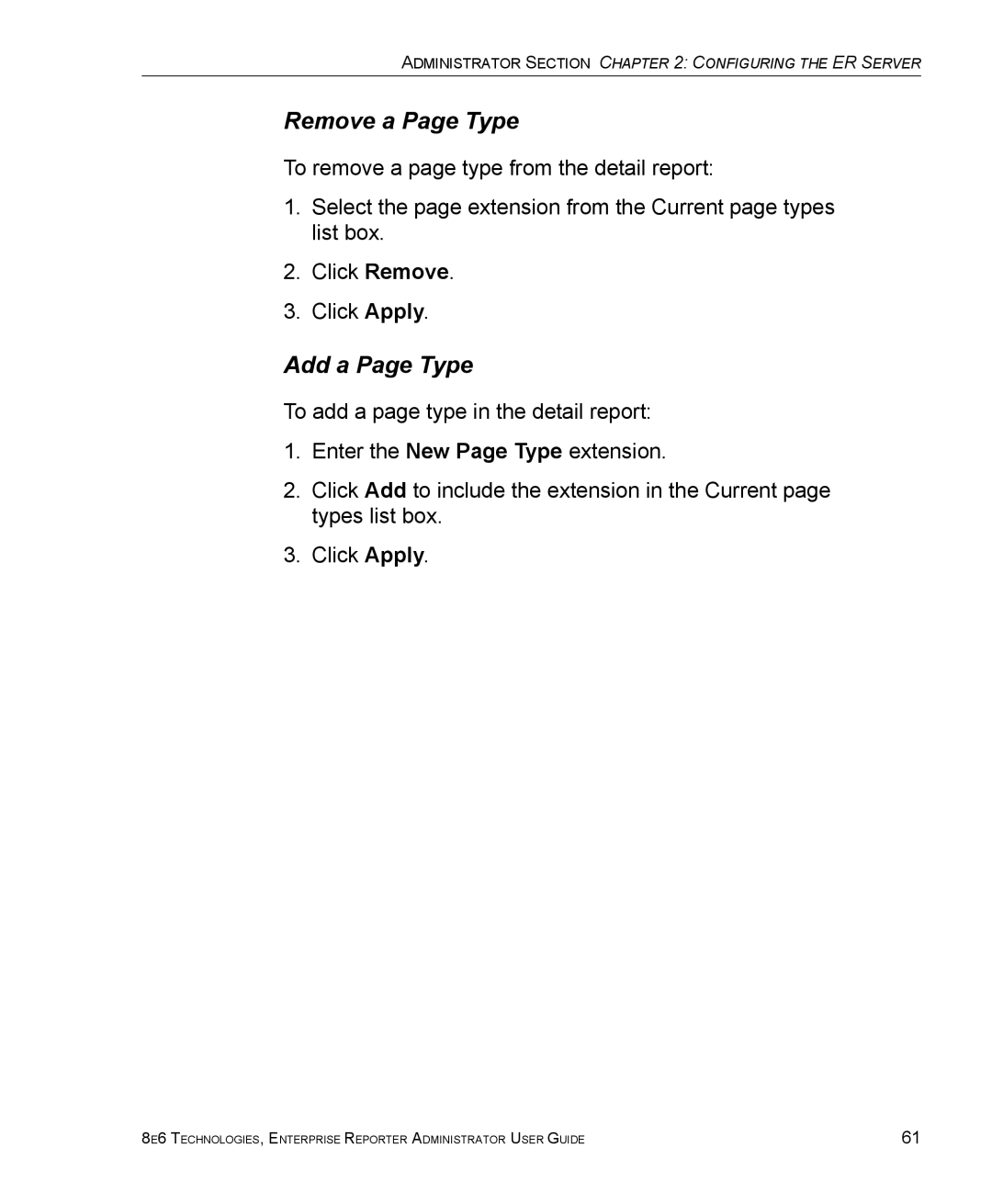 8e6 Technologies ER 4.0 manual Remove a Page Type, Add a Page Type 