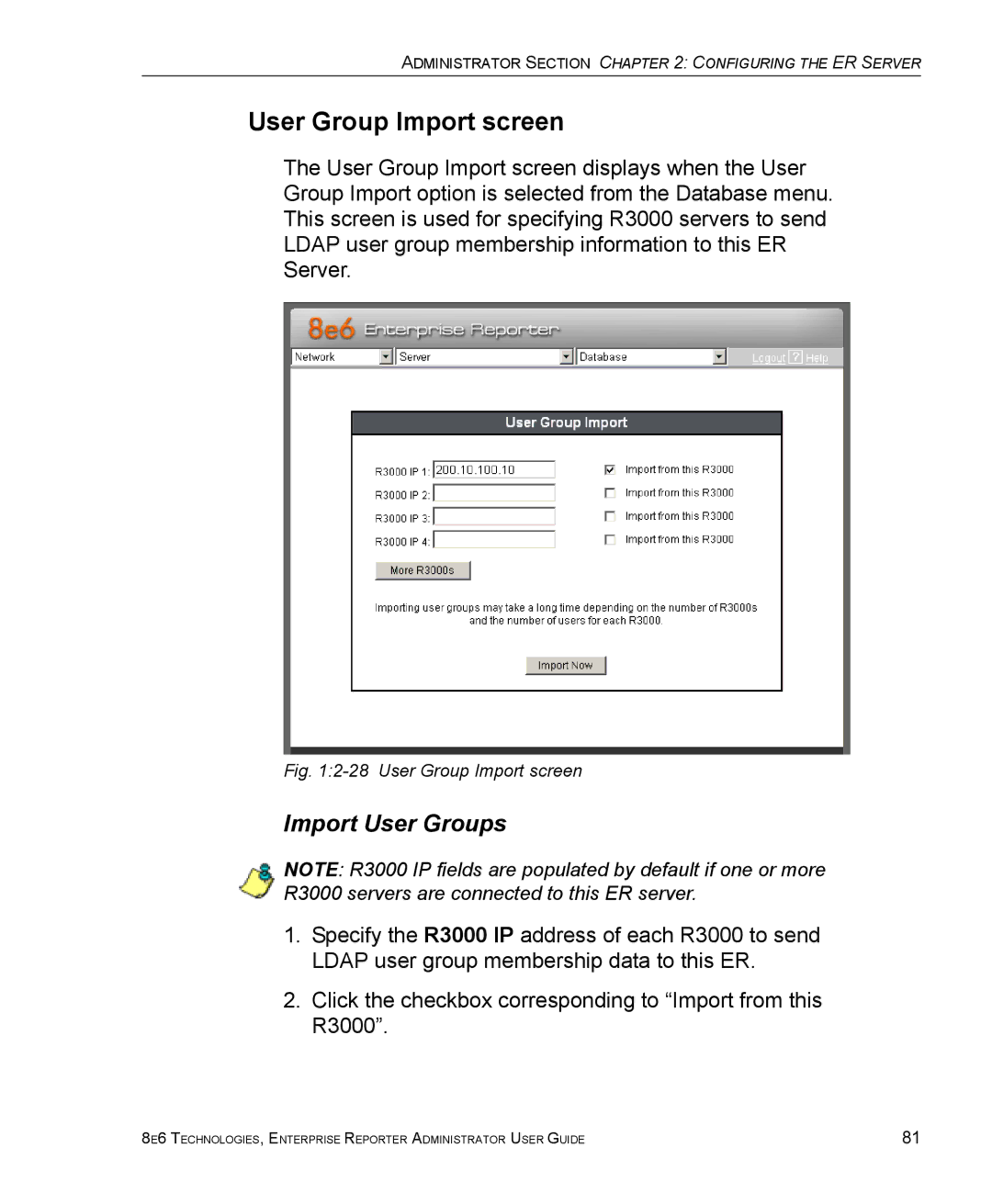 8e6 Technologies ER 4.0 manual User Group Import screen, Import User Groups 