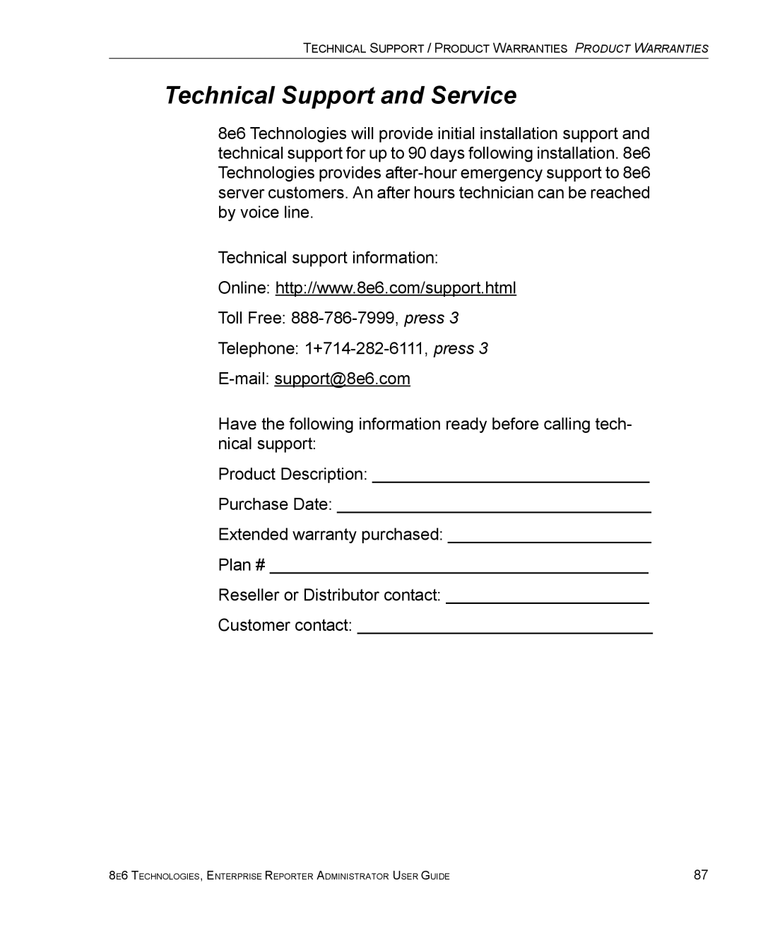 8e6 Technologies ER 4.0 manual Technical Support and Service 