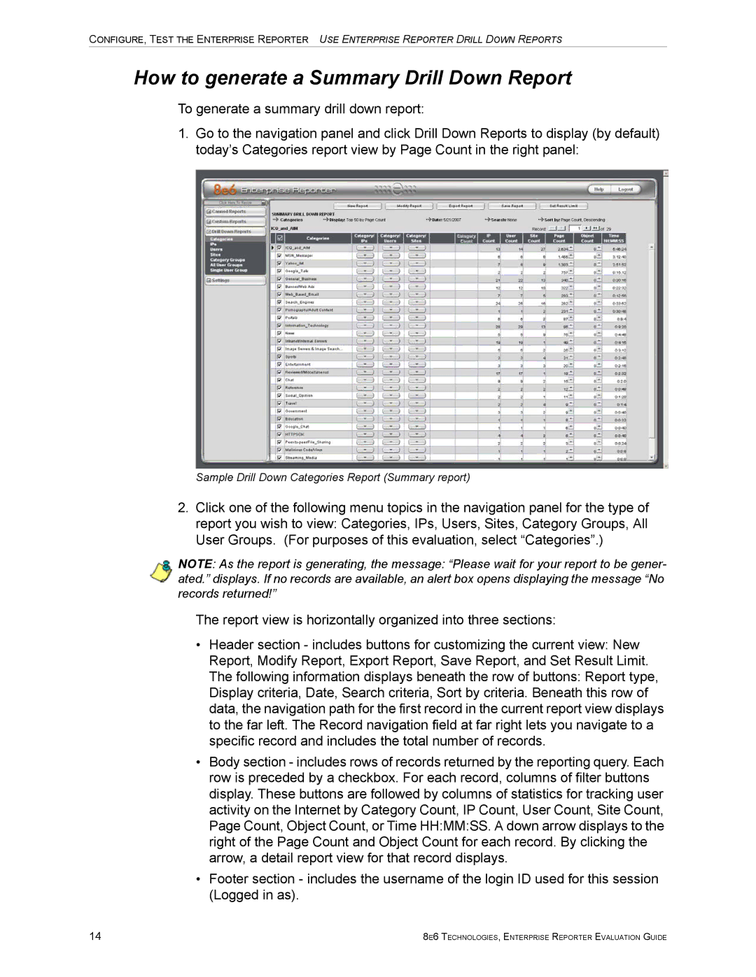 8e6 Technologies ER HL/SL manual How to generate a Summary Drill Down Report 