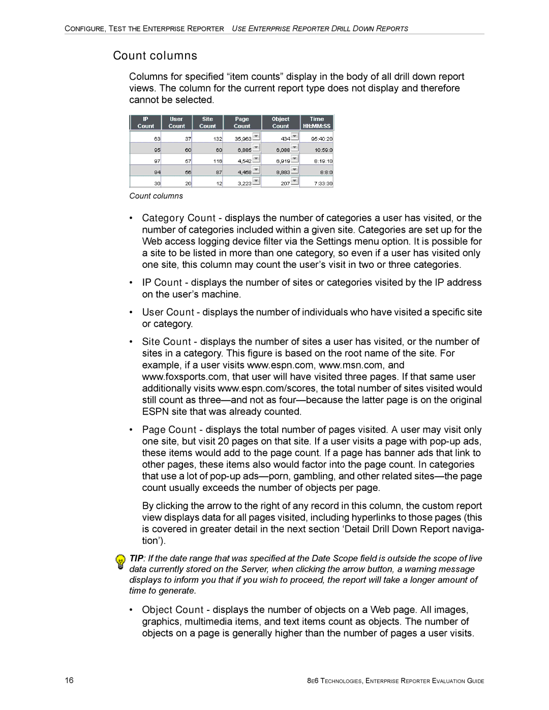 8e6 Technologies ER HL/SL manual Count columns 