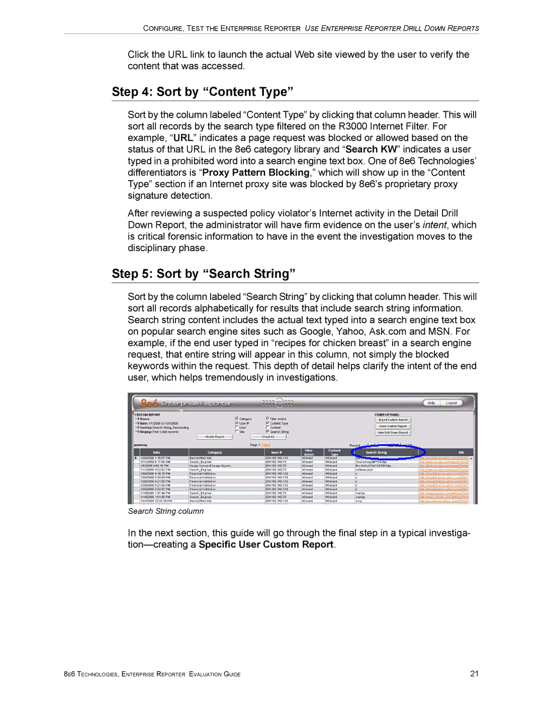 8e6 Technologies ER HL/SL manual Sort by Content Type, Sort by Search String 