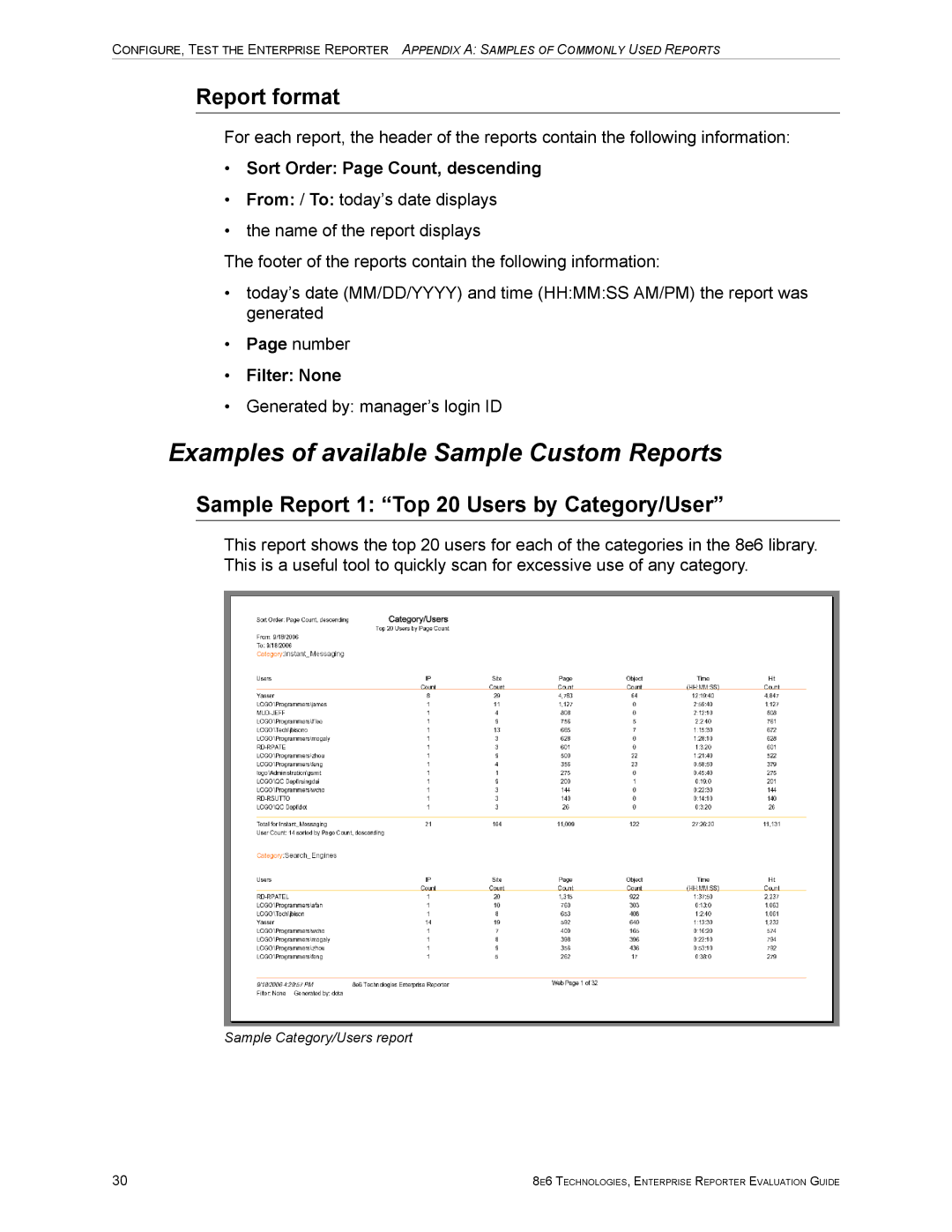 8e6 Technologies ER HL/SL manual Examples of available Sample Custom Reports, Report format 