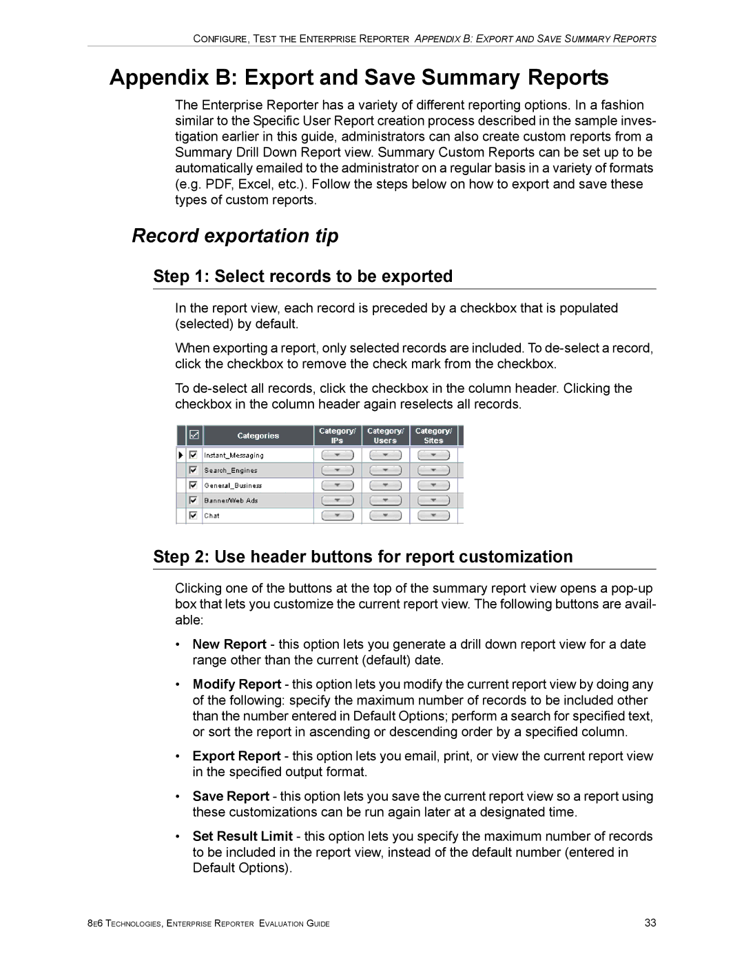 8e6 Technologies ER HL/SL manual Appendix B Export and Save Summary Reports, Record exportation tip 