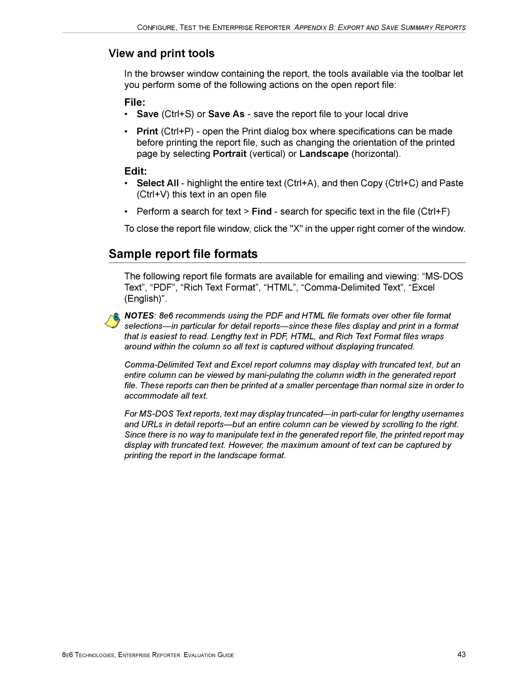 8e6 Technologies ER HL/SL manual Sample report file formats, View and print tools 