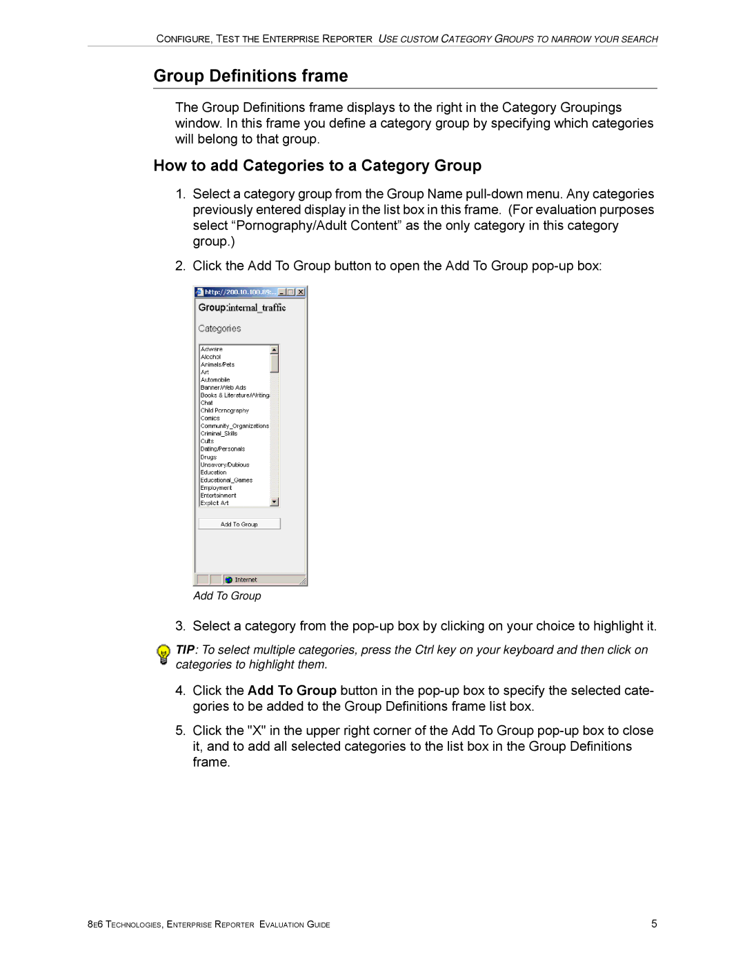 8e6 Technologies ER HL/SL manual Group Definitions frame, How to add Categories to a Category Group 