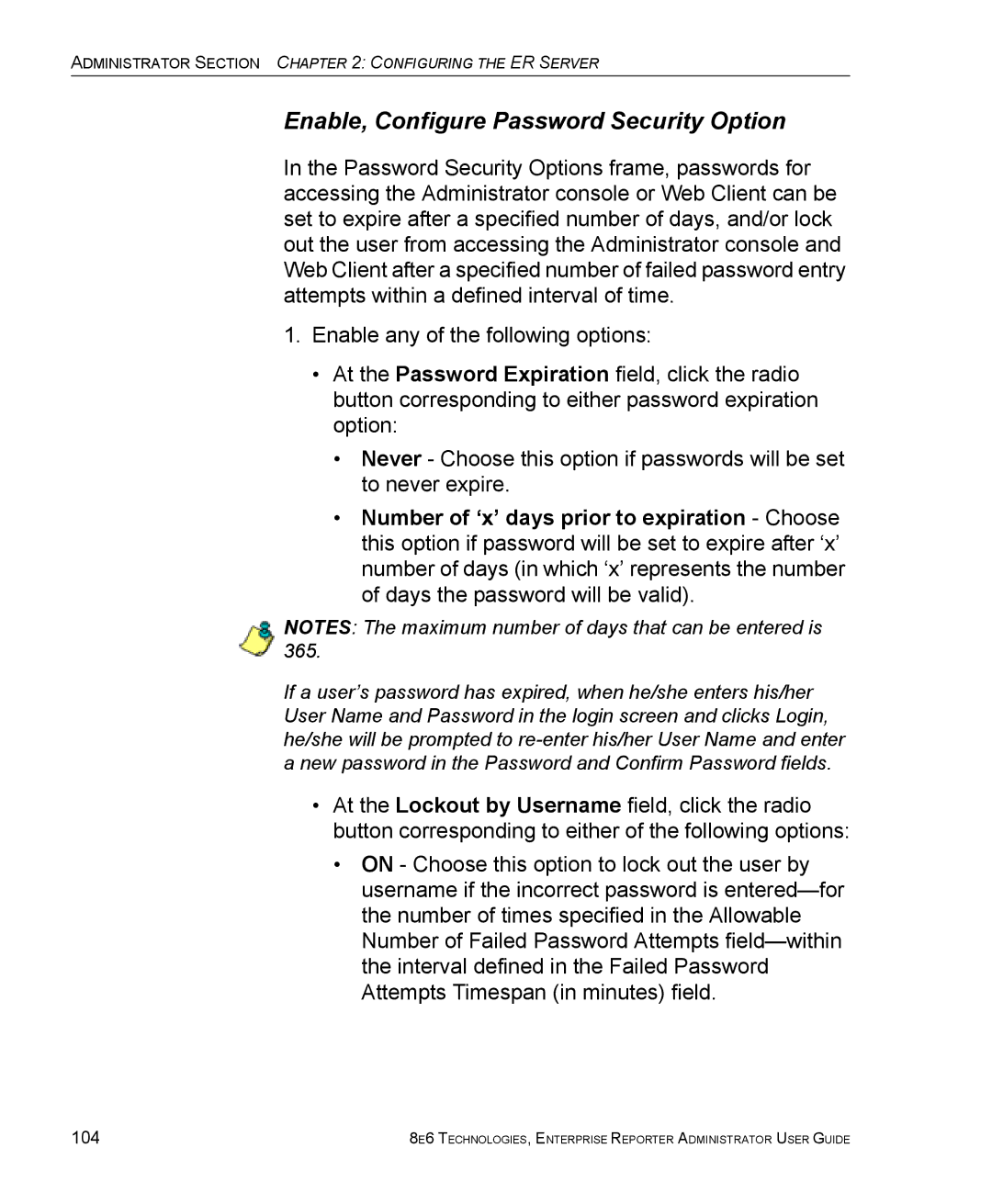 8e6 Technologies ER manual Enable, Configure Password Security Option, 104 