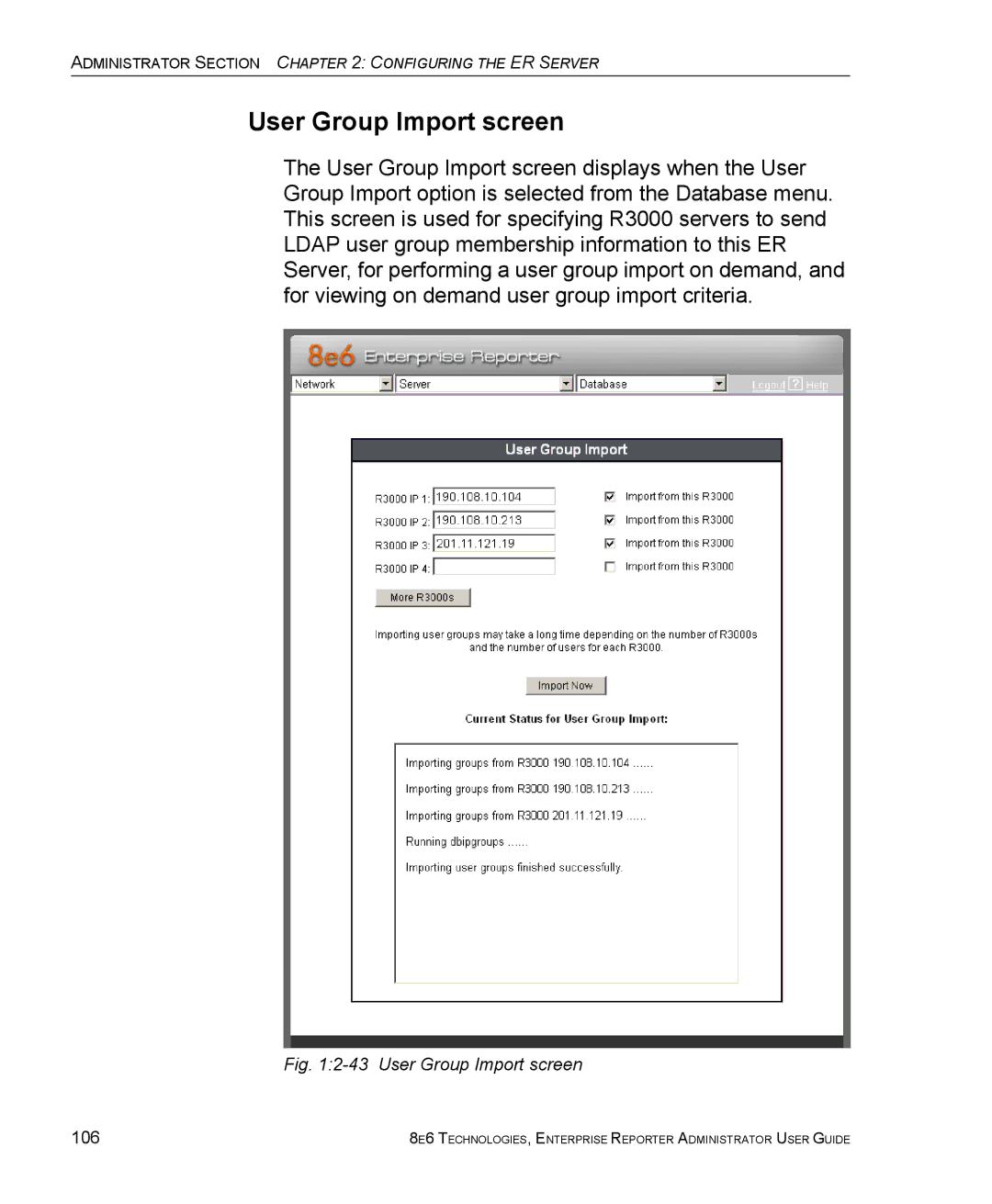 8e6 Technologies ER manual User Group Import screen, 106 