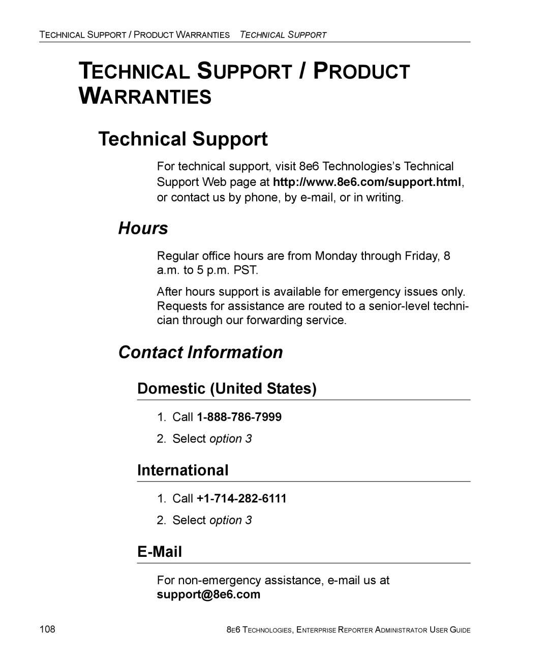 8e6 Technologies ER manual Technical Support, Hours, Contact Information 