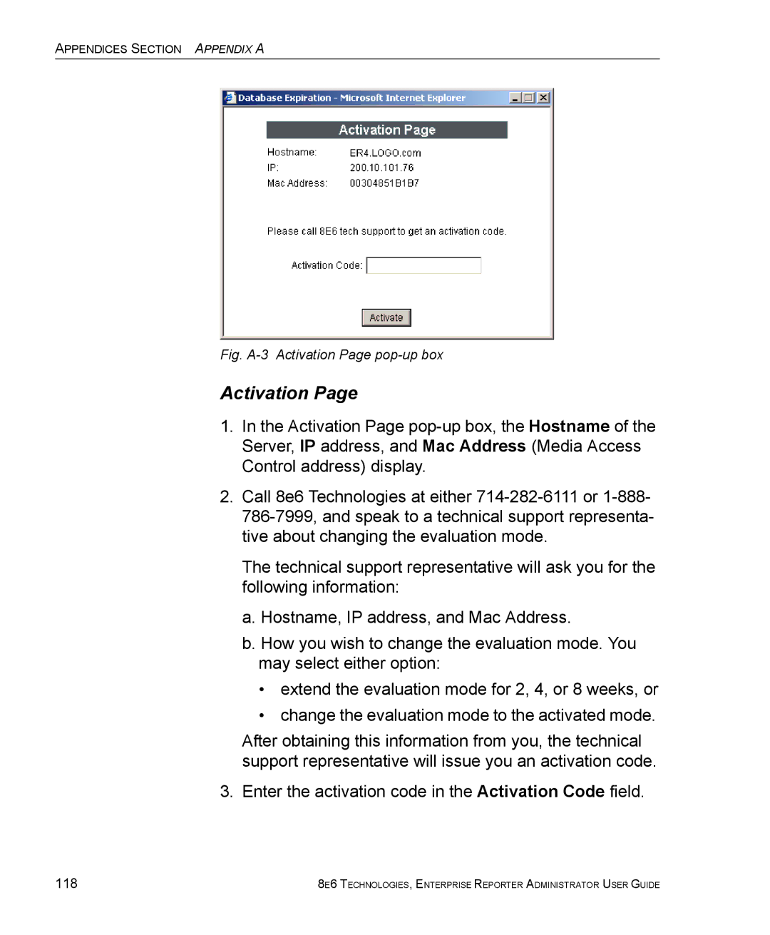 8e6 Technologies ER manual Activation, 118 