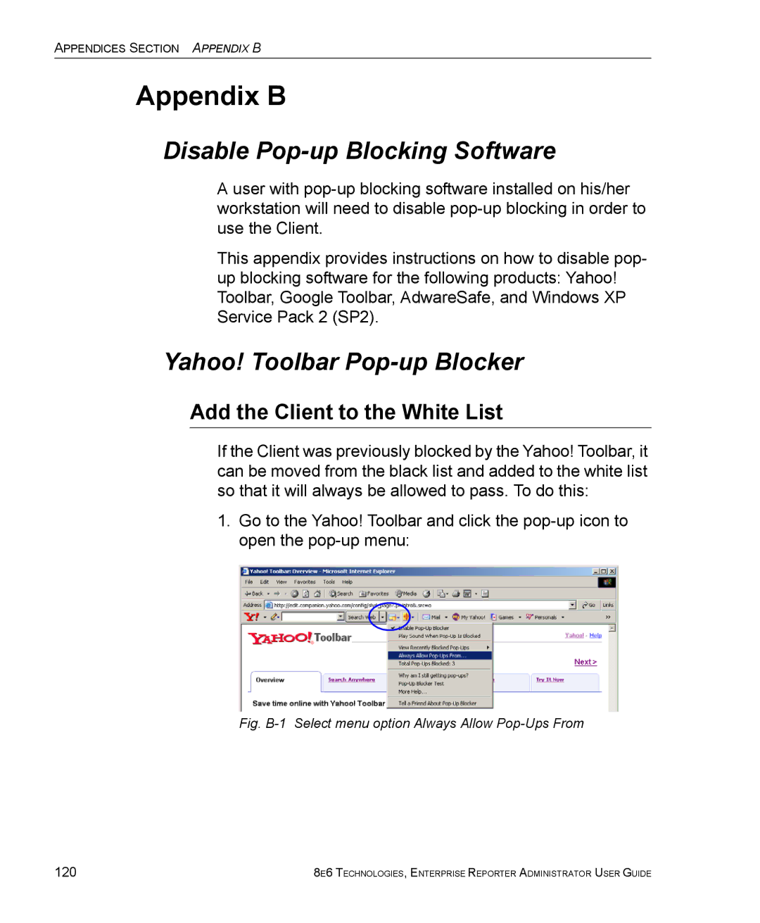 8e6 Technologies ER manual Appendix B, Disable Pop-up Blocking Software, Yahoo! Toolbar Pop-up Blocker, 120 