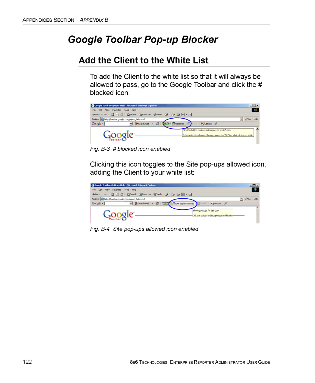 8e6 Technologies ER manual Google Toolbar Pop-up Blocker, 122 