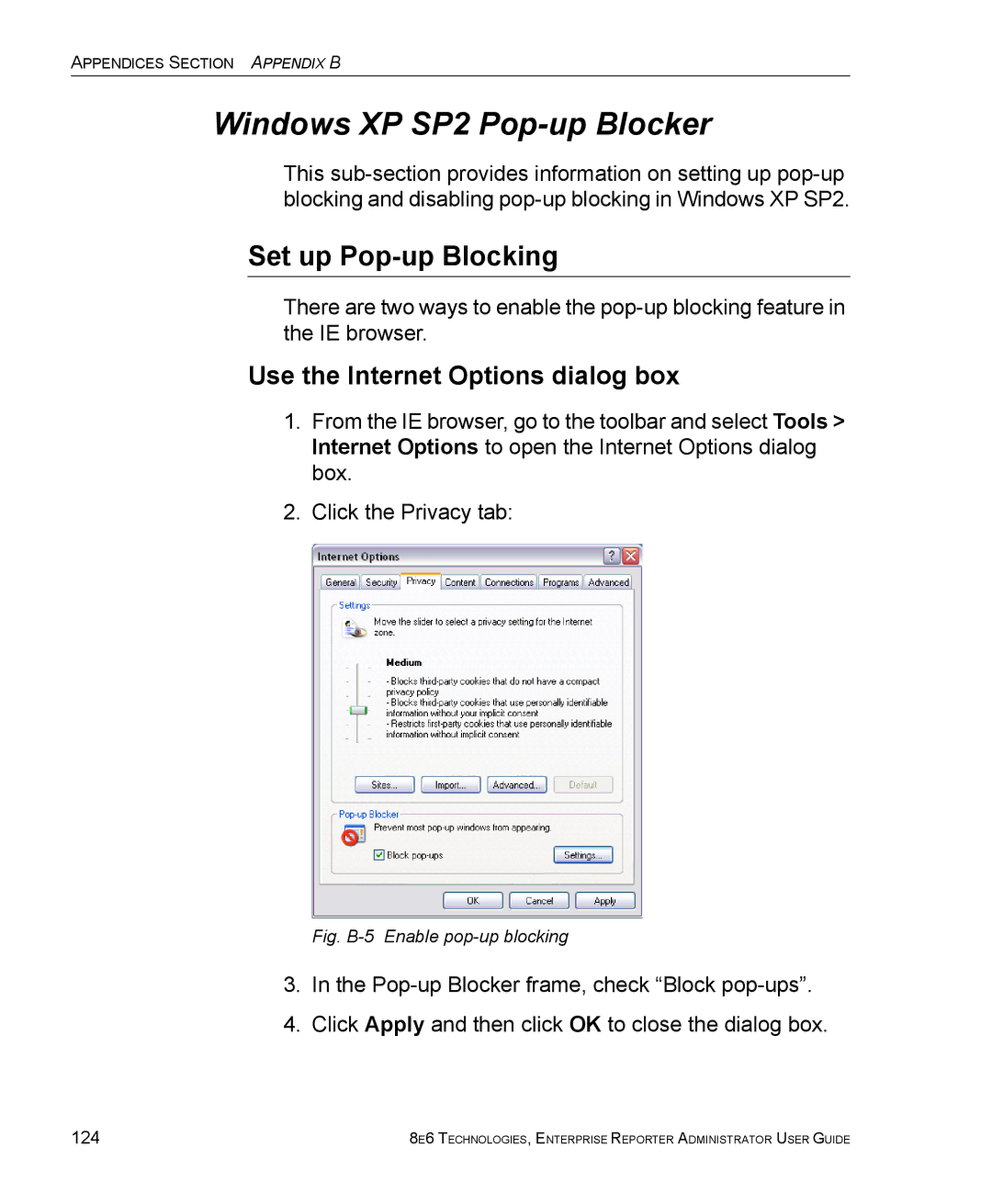 8e6 Technologies ER manual Windows XP SP2 Pop-up Blocker, Set up Pop-up Blocking, Use the Internet Options dialog box, 124 