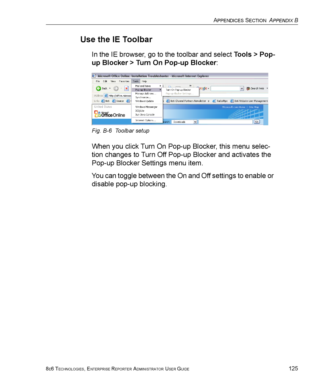 8e6 Technologies ER manual Use the IE Toolbar, Fig. B-6 Toolbar setup 