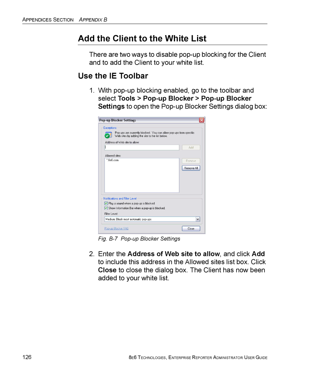 8e6 Technologies ER manual Fig. B-7 Pop-up Blocker Settings, 126 