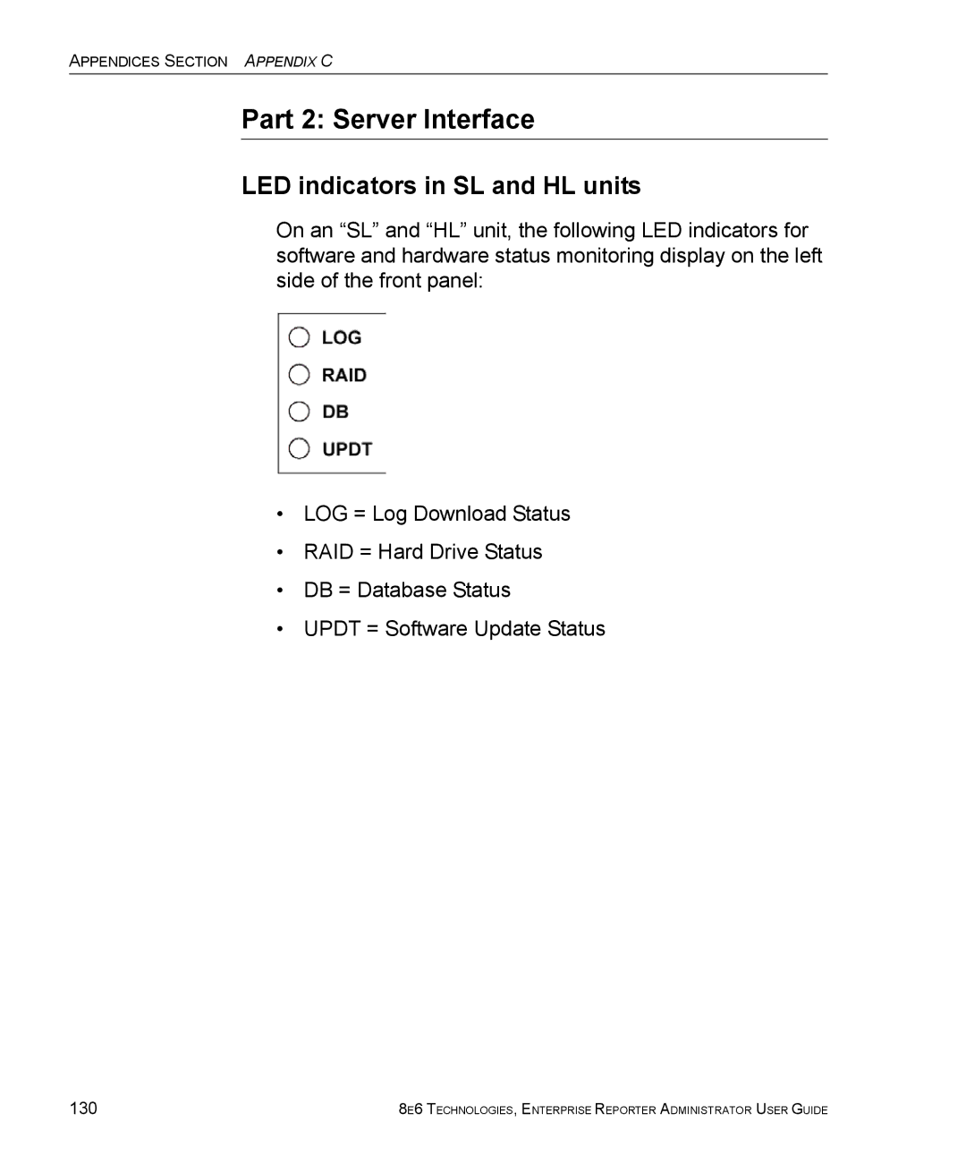 8e6 Technologies ER manual Part 2 Server Interface, LED indicators in SL and HL units, 130 