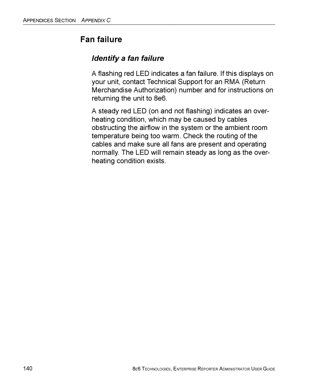 8e6 Technologies ER manual Fan failure, Identify a fan failure, 140 