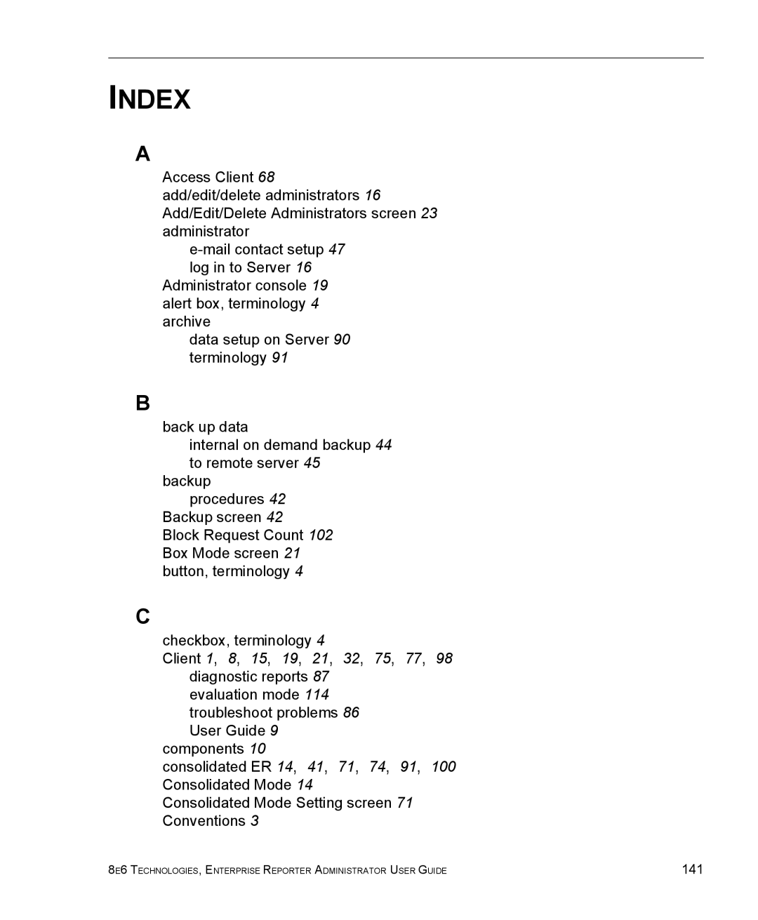 8e6 Technologies ER manual Index 