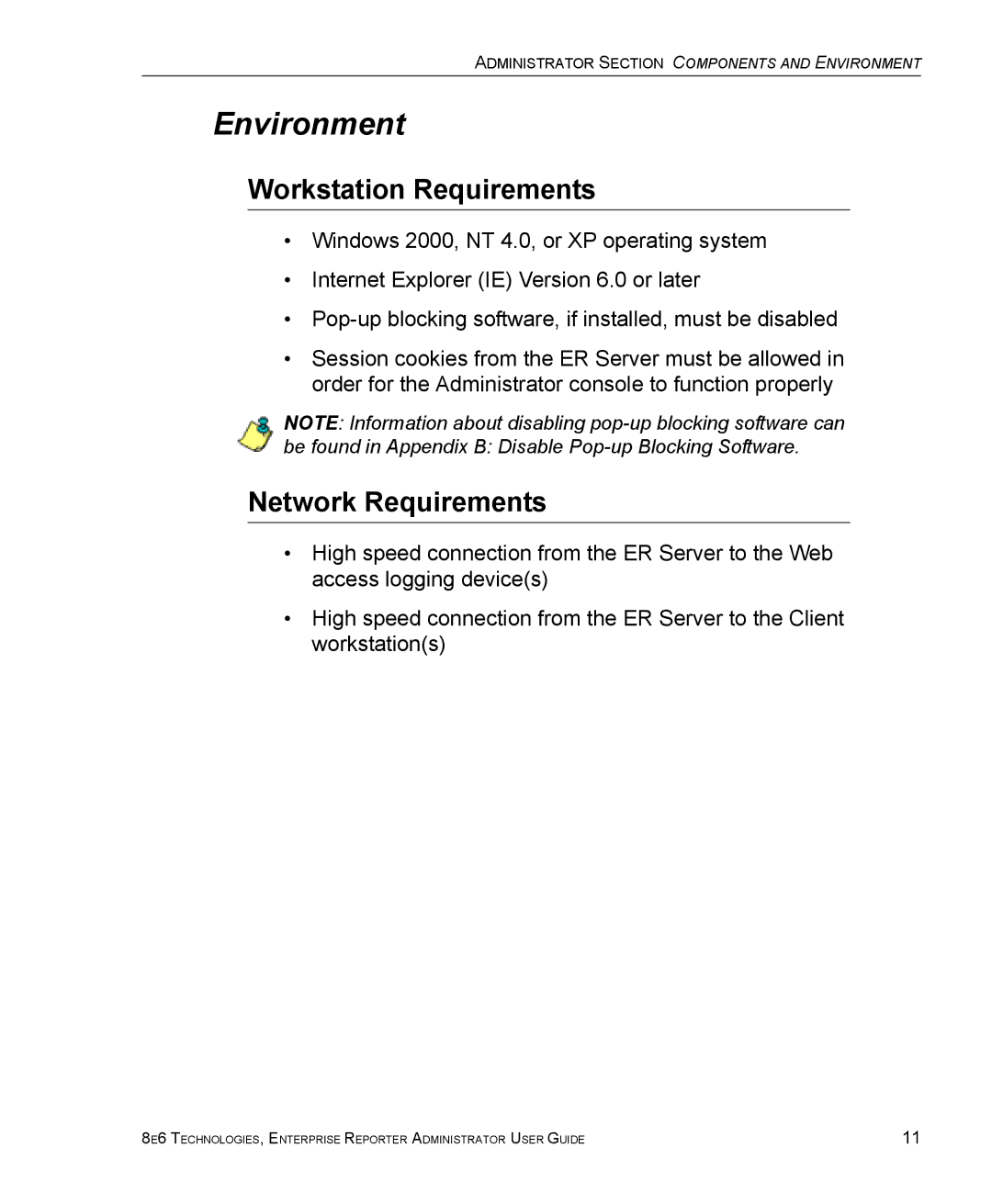 8e6 Technologies ER manual Environment, Workstation Requirements, Network Requirements 