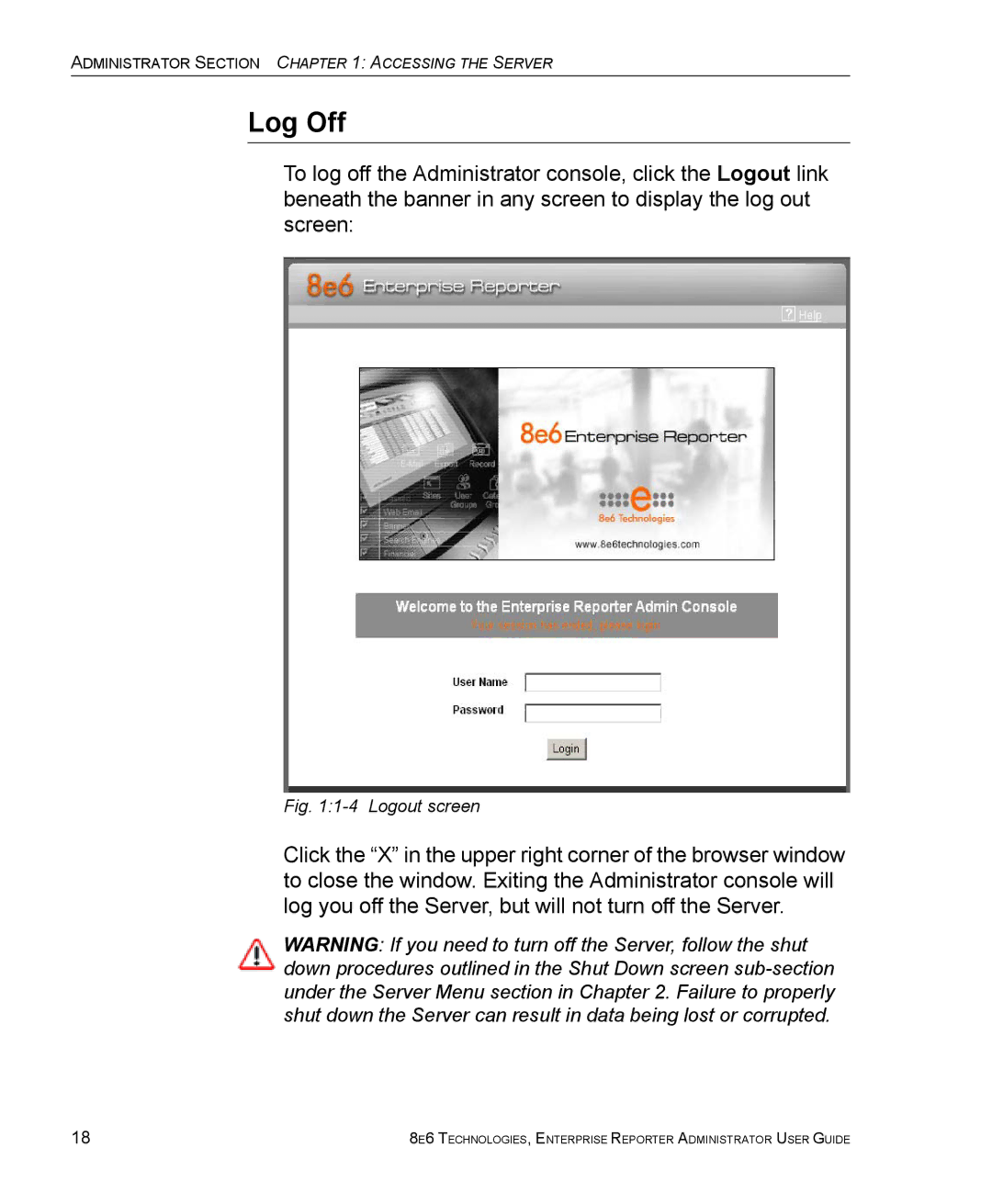 8e6 Technologies ER manual Log Off, Logout screen 