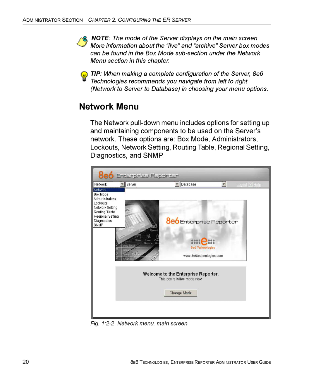 8e6 Technologies ER manual Network Menu, Network menu, main screen 