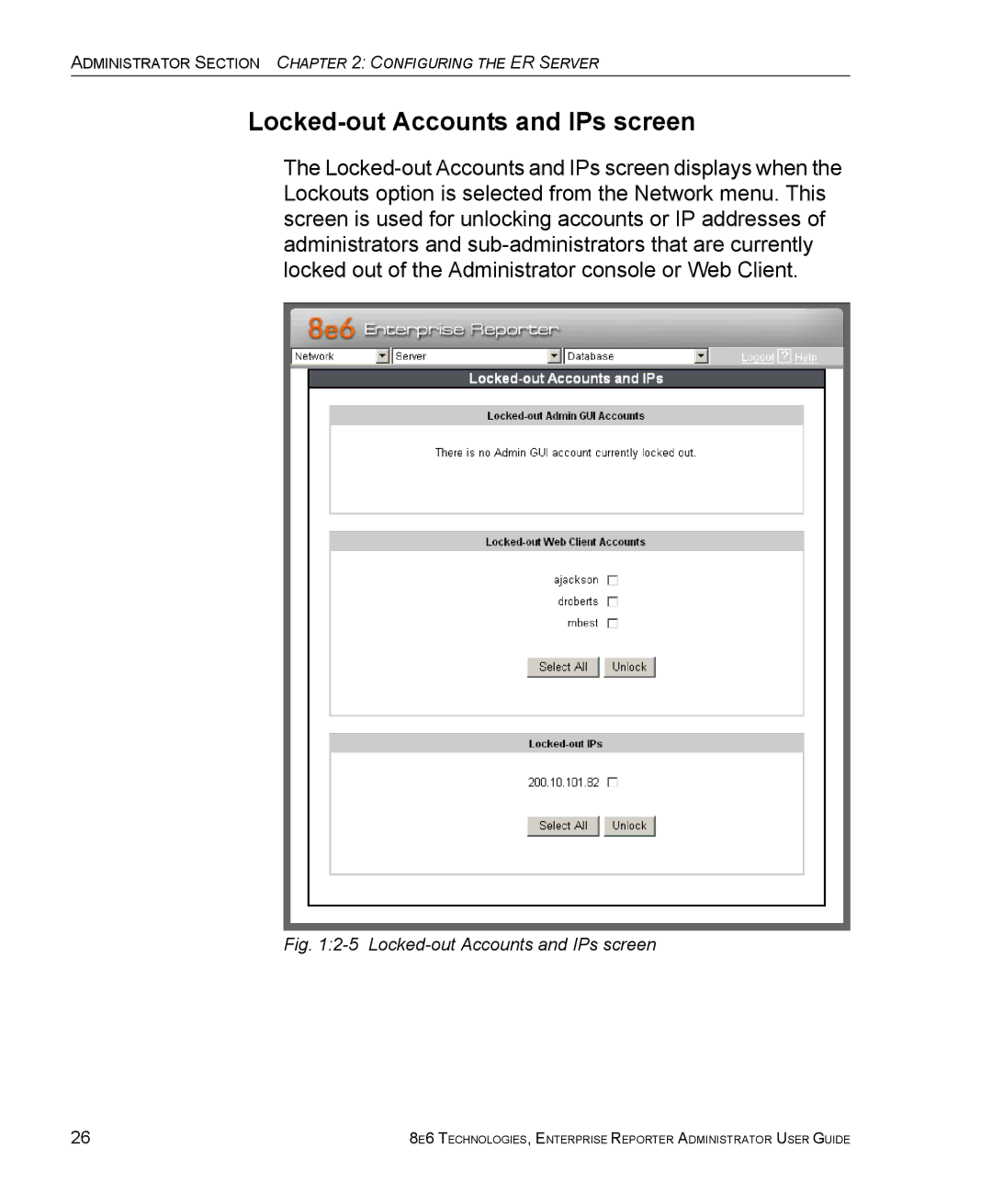 8e6 Technologies ER manual Locked-out Accounts and IPs screen 