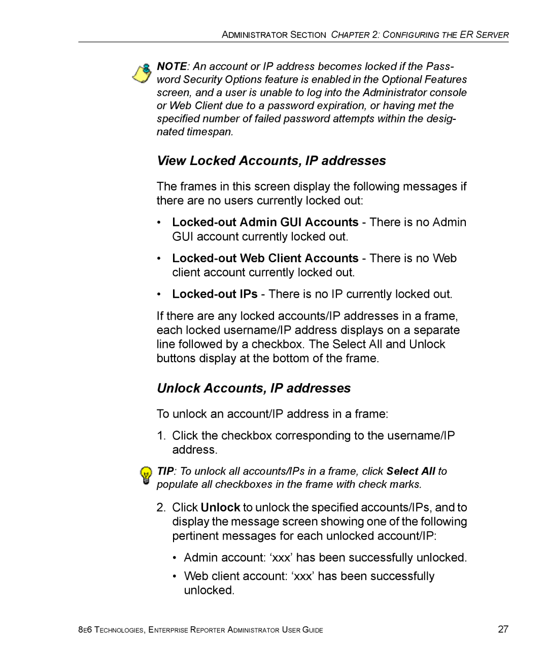 8e6 Technologies ER manual View Locked Accounts, IP addresses, Unlock Accounts, IP addresses 