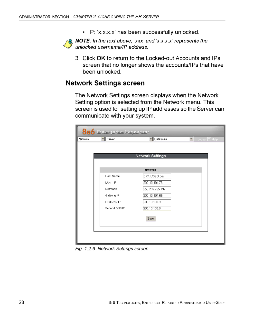 8e6 Technologies ER manual Network Settings screen 