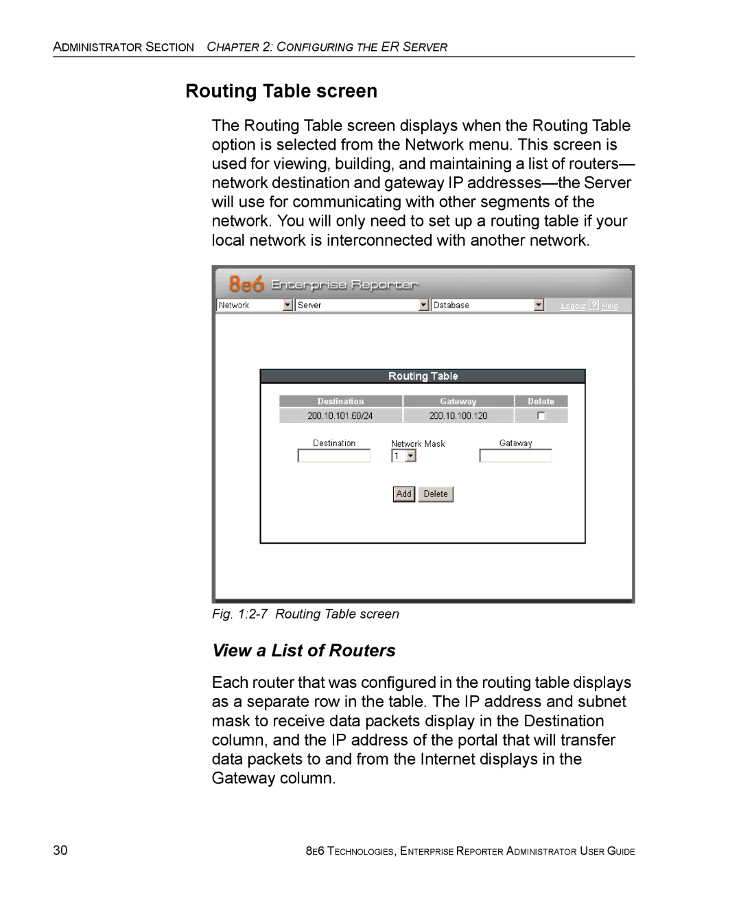 8e6 Technologies ER manual Routing Table screen, View a List of Routers 