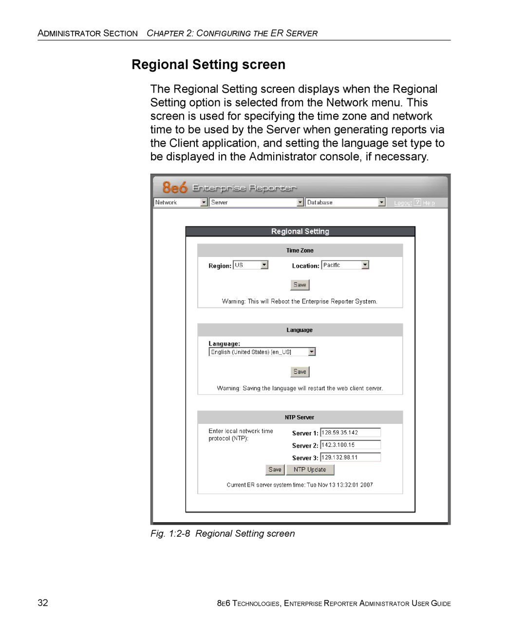 8e6 Technologies ER manual Regional Setting screen 