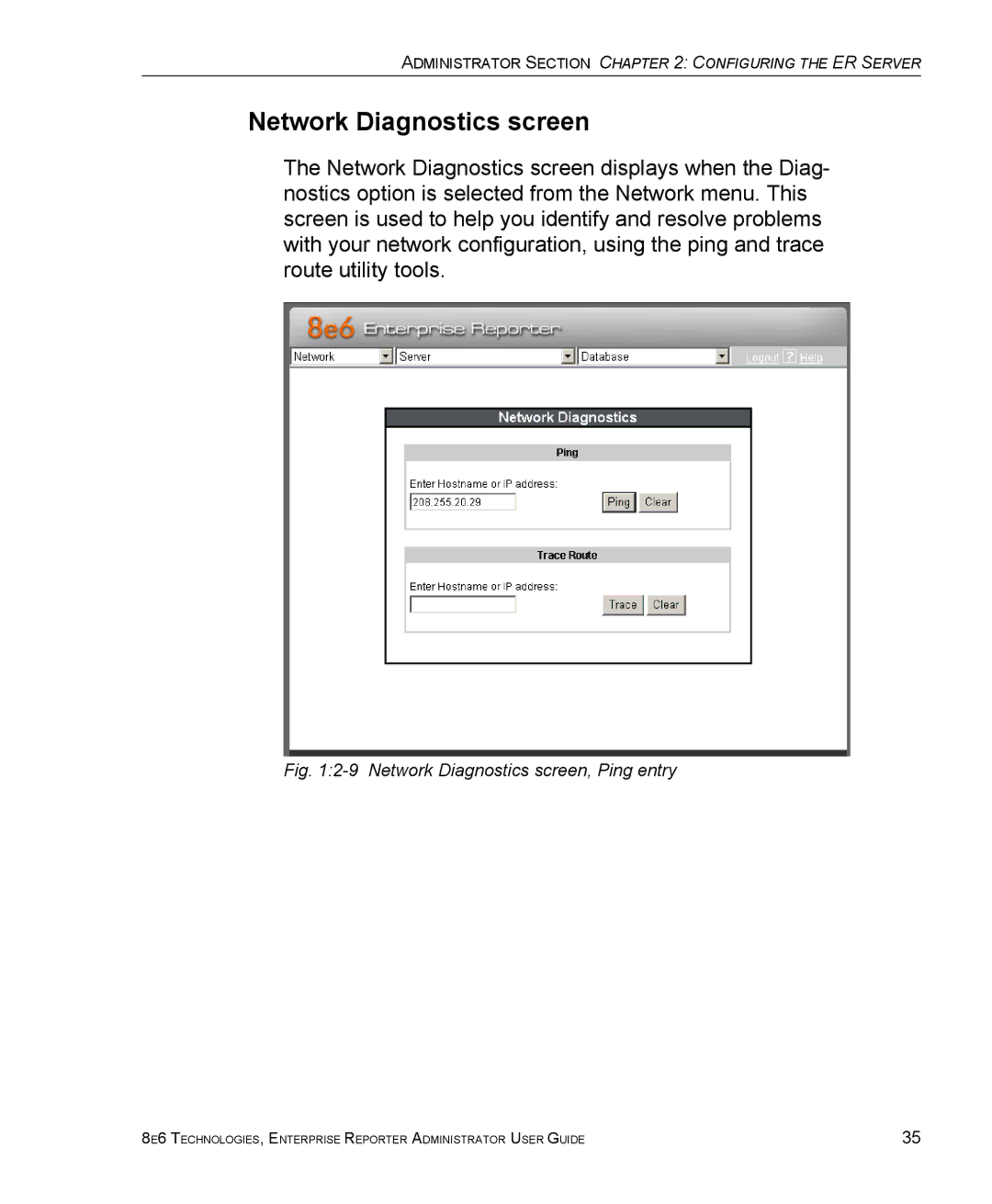 8e6 Technologies ER manual Network Diagnostics screen, Ping entry 