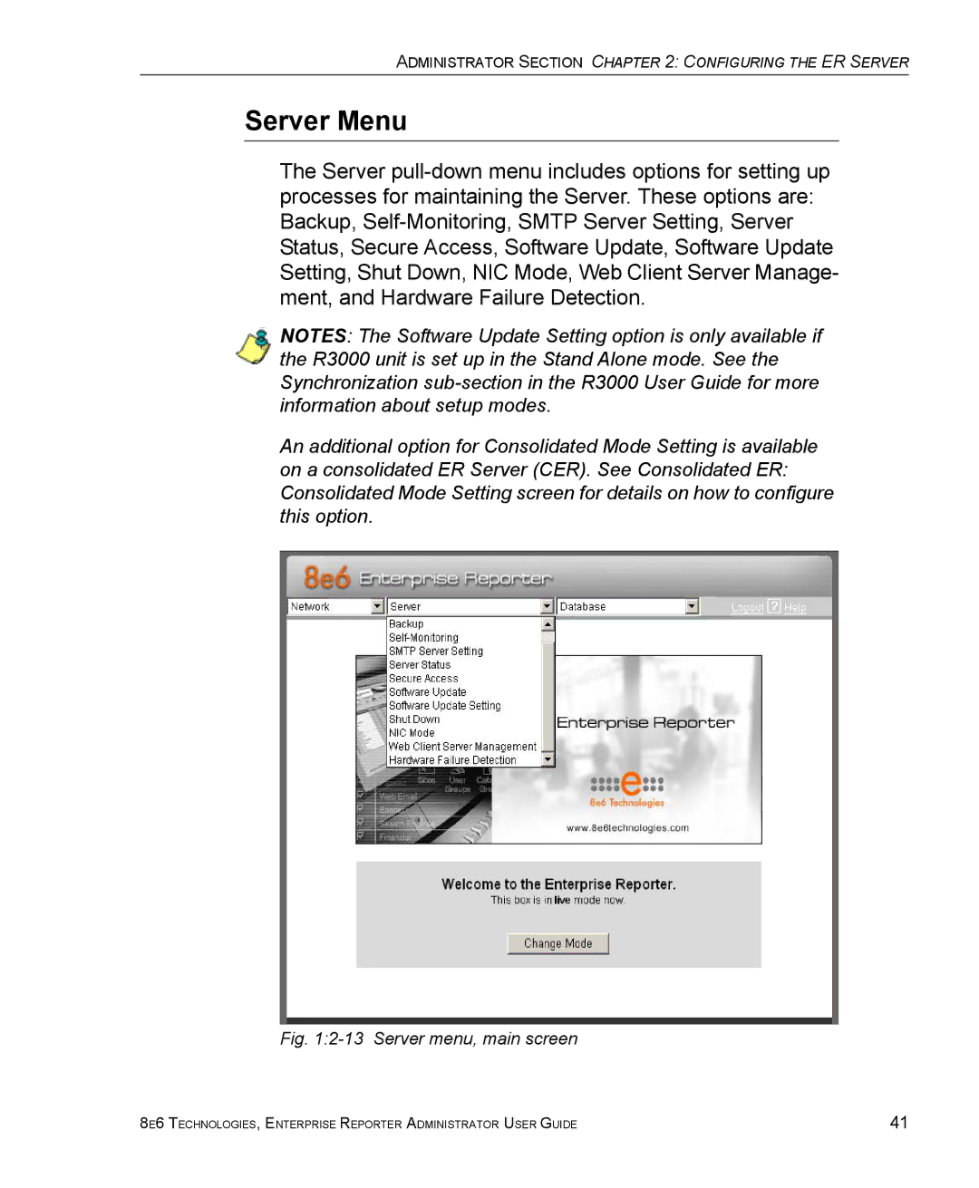 8e6 Technologies ER manual Server Menu, Server menu, main screen 